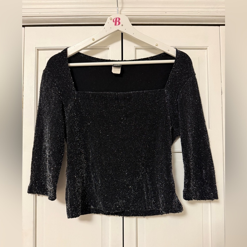 Y2K Black Metallic Glitter Top Square Neck Small Whimsigoth New Years Eve